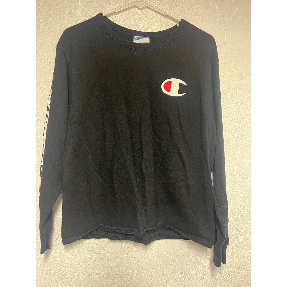 Champion Mens Long Sleeve Graphic T-Shirt Black Big C Logo Script Sleeve Small